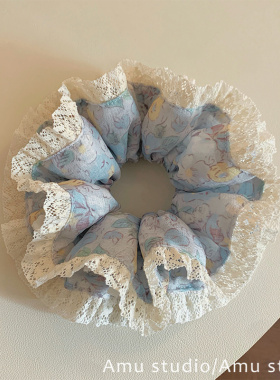 法式田园蓝色碎花蕾丝花边双层大肠发圈女温柔复古气质发绳扎发饰