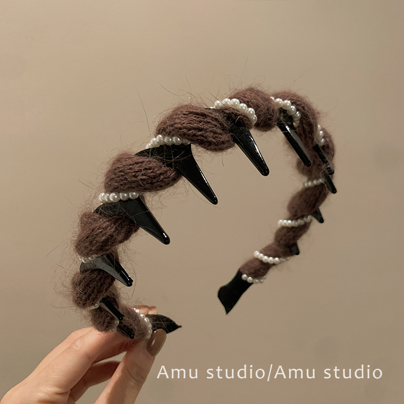 韩系毛线珍珠缠绕带齿防滑发箍女甜美高颅顶头箍洗脸化妆发卡头饰