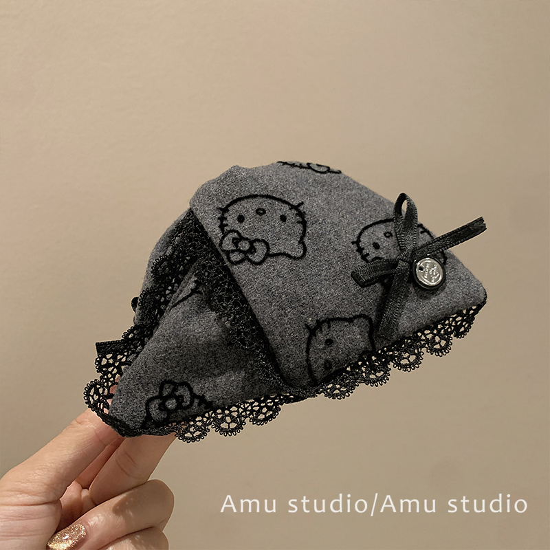 韩系灰色KT猫咪蕾丝花边三角贝壳抓夹女后脑勺盘发鲨鱼夹发夹头饰