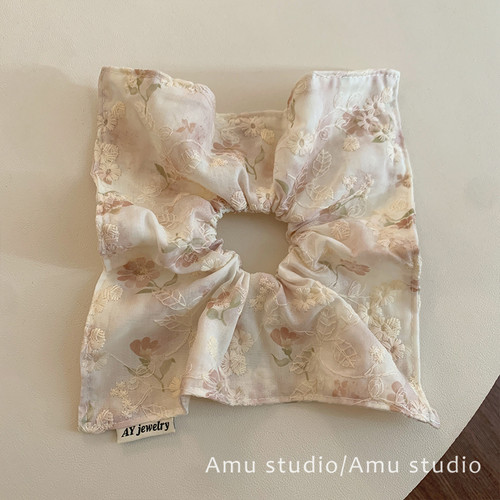 甜美花朵刺绣方巾大肠发圈女韩系方形扎头发低马尾发绳头绳发饰品
