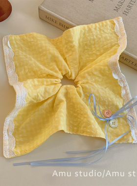 黄色蕾丝花边蝴蝶结纽扣方巾大肠发圈女韩系方形扎头发低马尾发绳