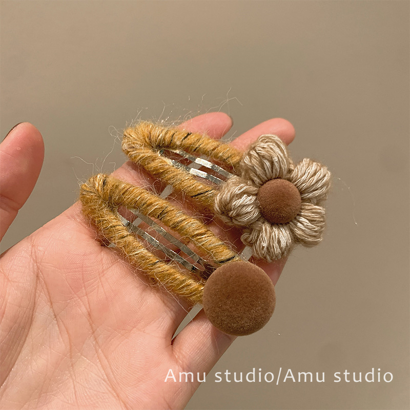 一对装~秋冬甜美毛线花朵发夹女前额碎发BB夹侧边刘海边夹发卡子