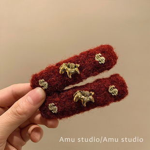 一对装~新年红色小马毛绒发夹女甜美前额碎发BB夹侧边刘海夹边夹