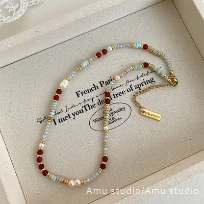 夏日天然珍珠彩色多巴胺串珠项链女小众轻奢复古设计锁骨链颈链