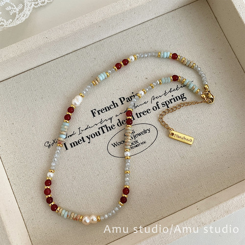 夏日天然珍珠彩色多巴胺串珠项链女小众轻奢复古设计锁骨链颈链