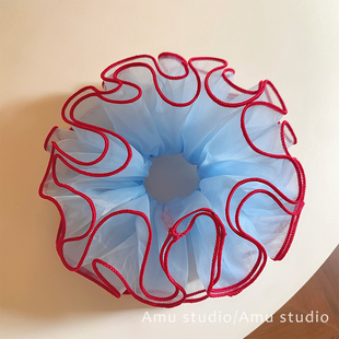 韩国新款 蓝色网纱四层大肠发圈女气质扎头发丸子头发绳低马尾头绳