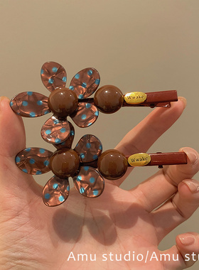 一对装~韩系蓝咖波点大花朵金标发夹女新款刘海侧边夹鸭嘴夹发卡
