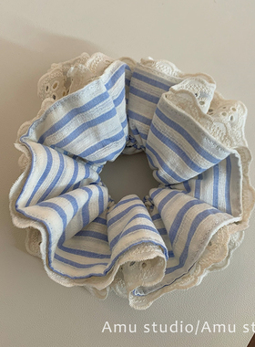 蓝色条纹蕾丝双层大肠发圈女慵懒风丸子头皮筋低马尾发绳头绳发饰