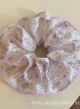 甜美紫色碎花蕾丝花边双层大肠发圈女气质扎头发丸子头低马尾发绳