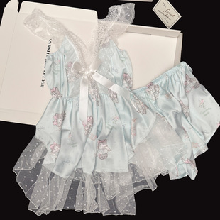 西诗天使小猫咪吊带短裤睡衣女夏季冰丝网纱花边性感纯欲风睡裙