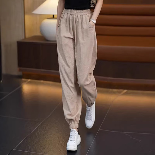 清仓捡漏~冰丝棉夏季九分杏色中年束脚尾货宽松灯笼裤休闲裤子女