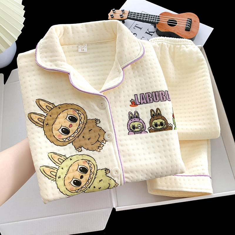 儿童睡衣女童秋冬季开衫拉布布卡通可爱空气棉夹棉加厚套装家居服