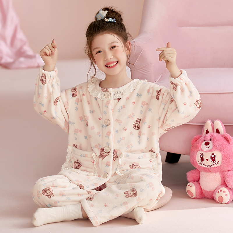 女童睡衣春秋法兰绒长袖套装
