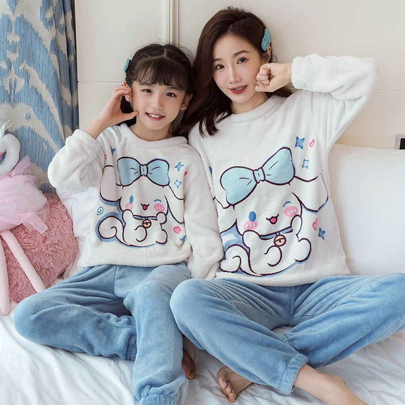 儿童睡衣法兰绒秋冬保暖亲子母女套装卡通玉桂狗公主家居服珊瑚绒