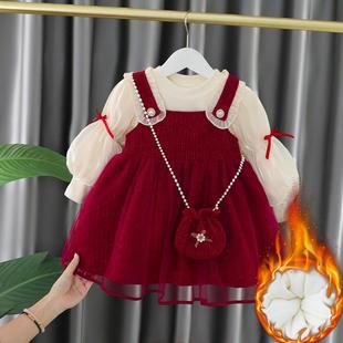 女童红色连衣裙加绒纱裙女宝周岁礼服长袖秋冬款公主裙拜年服裙子