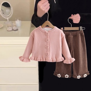 女童秋装套装2025新款女宝宝春秋洋气毛衣开衫三件套时髦韩版潮衣