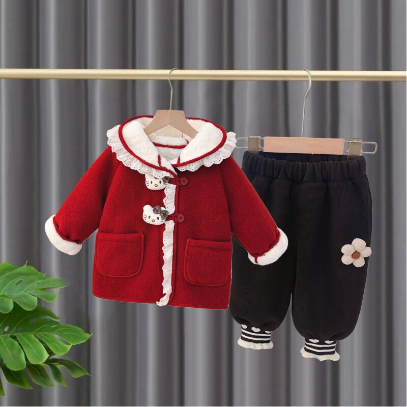 女童加绒加厚套装秋冬季2026新款宝宝韩版女孩毛呢外套两件套呢子
