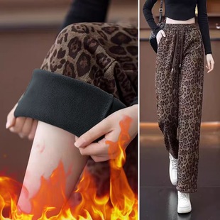 女小个子高腰显瘦宽松休闲裤 加绒加厚直筒阔腿裤 秋冬季 豹纹梧桐裤