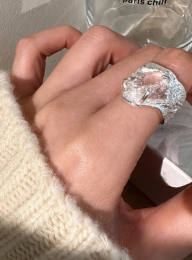 小众设计冰裂水晶原石月球表面戒指女冷淡风时尚个性潮流百搭指环