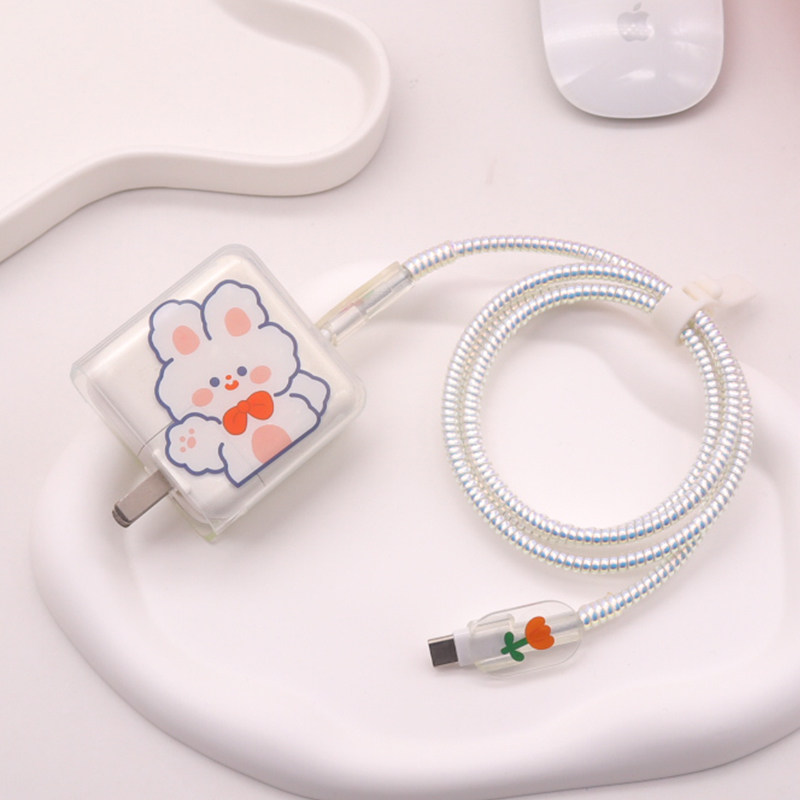 适用苹果30W充电器保护套16pro手机数据线弹簧缠绕线15快充卡通贴