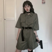 Mùa hè 2019 mới phong cách Harajuku eo cao cá tính bf lỏng bỏ túi dụng cụ quần short giản dị jumpsuit retro nữ - Quần short