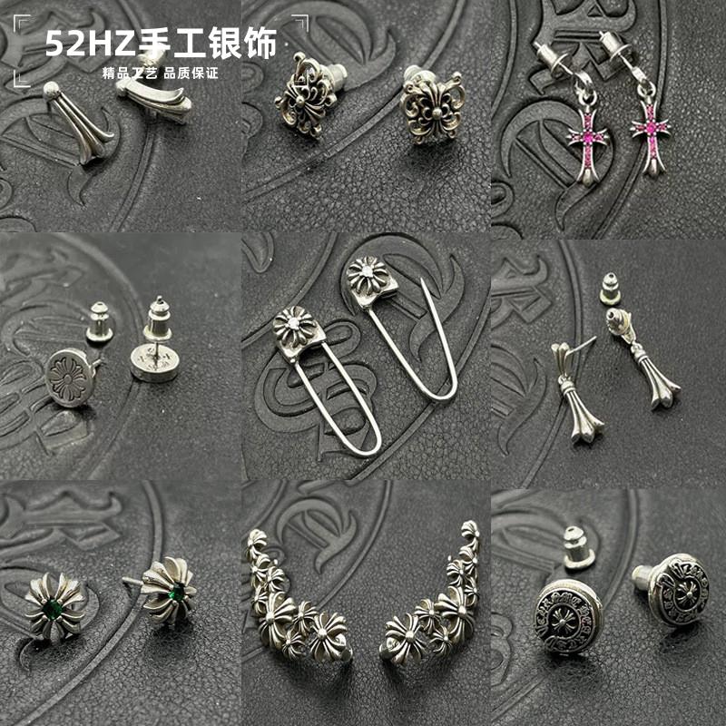 s925纯银耳饰潮牌克罗伈带钻十字架夸张高级感耳钉夹男女情侣银针