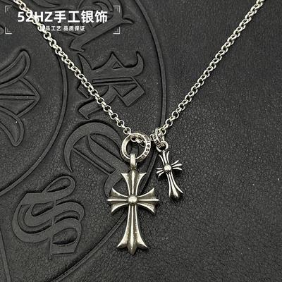 s925纯银复古圆环双十字架项链男女个性小众吊坠做旧经典款毛衣链