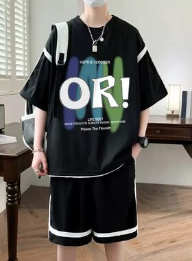潮流短袖套装2026新款大码男童潮款五分裤两件套装青少年运动套装
