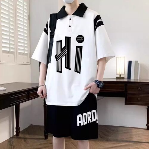 夏季短袖套装男士ins休闲帅气t恤穿搭一整套高街五分裤学生两件套