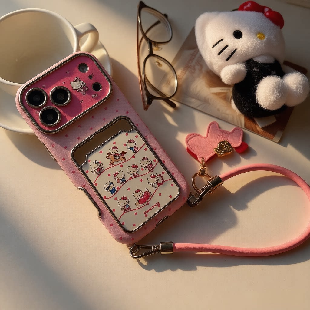 凯蒂猫iPhone17promax手机壳全包适用苹果16promax精孔14pro外壳17pro卡包式KT猫带挂绳HelloKitty皮质软壳女