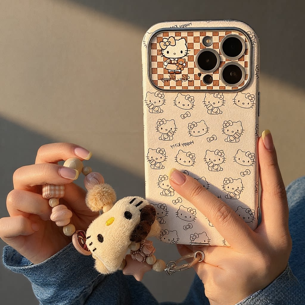 米棕色hellokitty适用iPhone17promax精孔手机壳苹果17pro镜头全包皮质16pro防摔简约可爱KT猫外壳15带挂绳女