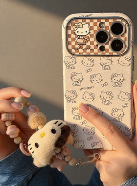 米棕色hellokitty适用iPhone17promax精孔手机壳苹果17pro镜头全包皮质16pro防摔简约可爱KT猫外壳15带挂绳女