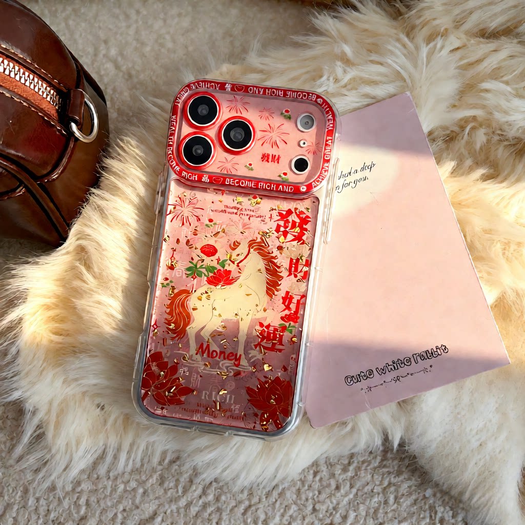 发财好运马年iPhone17promax手机壳适用苹果17pro新年白马精孔镜头全包防摔外壳16pro粉色金箔滴胶15软壳14女