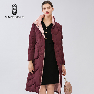 名师路拼色立领鹅绒羽绒服女新款纯色简约中长款女士冬季外套