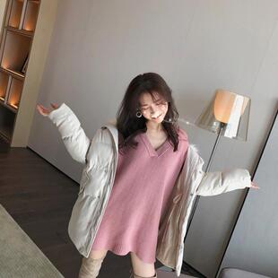 软糯韩版宽松显瘦网红V领露肩漏锁骨针织连衣裙女中长款毛衣裙女