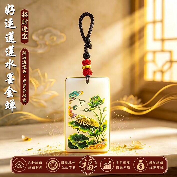 臻品手作.国风水墨金蝉玉石好运连连男女通用汽车挂件钥匙扣吊坠
