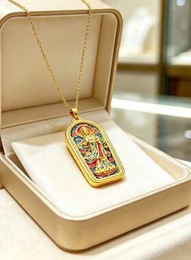 金色方形藏式手绘描金唐卡画吊坠扎基拉姆黄财神沙金饰品吊坠项链