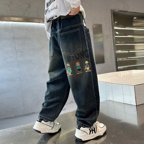 男童加绒裤子儿童牛仔裤一体绒春秋款2025新款中大童长裤加厚男孩