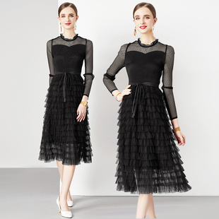 现货高档精品早秋重工艺波点收腰气质连衣裙 实拍