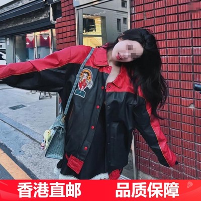 韦雪同款黑红拼接撞色刺绣翻领飞行员夹克加厚棉服皮衣棒球服外套