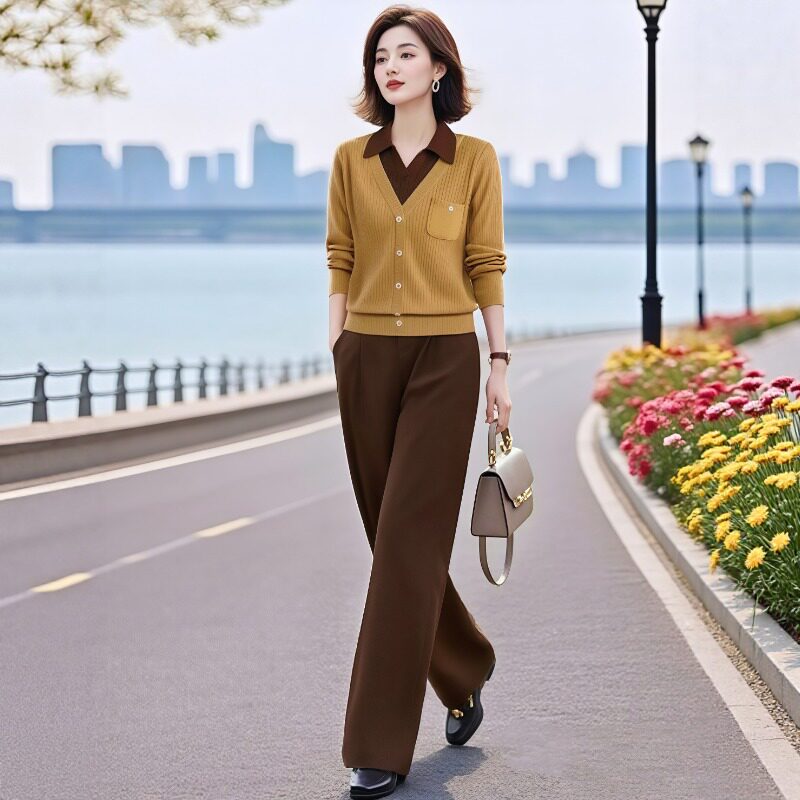 素雅订制女装原创品牌2026翻领假两件针织衫上衣松紧腰九分裤套装