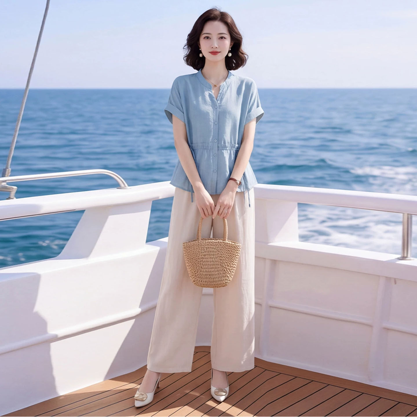 素雅订制女装原创品牌2026夏抽绳收腰短袖衬衫休闲直筒九分裤套装