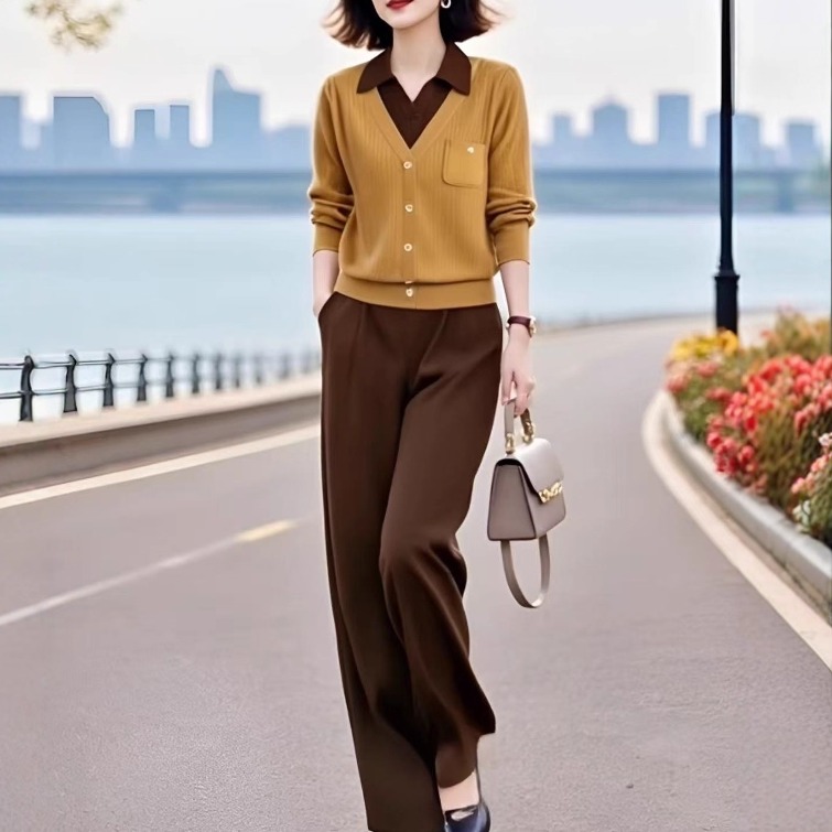 素雅订制女装原创品牌翻领假两件针织衫半松紧腰休闲裤减龄两件套