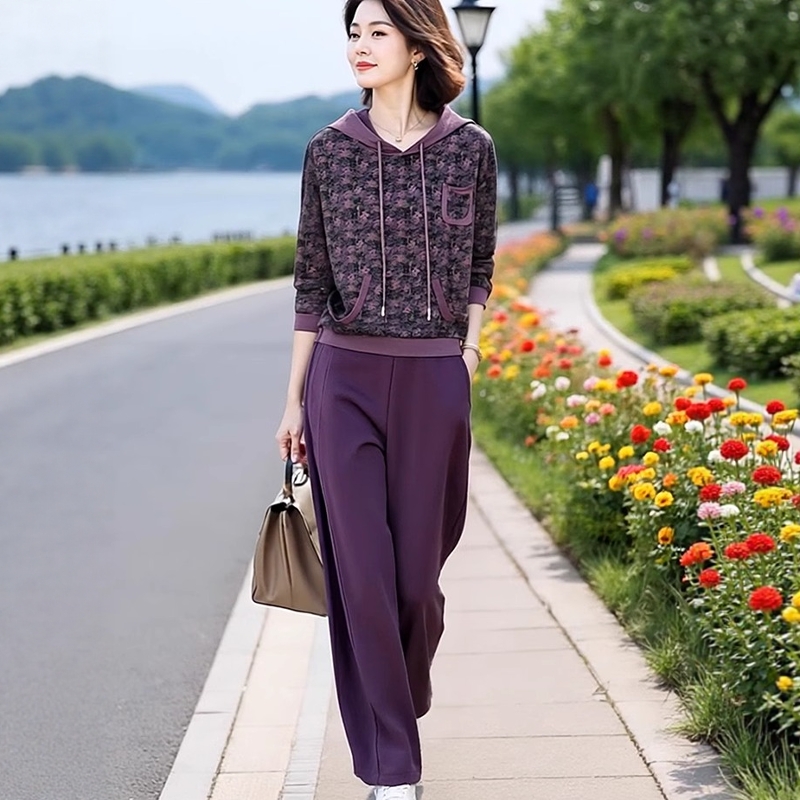 素雅订制女装原创品牌店秋季时尚印花连帽卫衣松紧腰休闲裤两件套