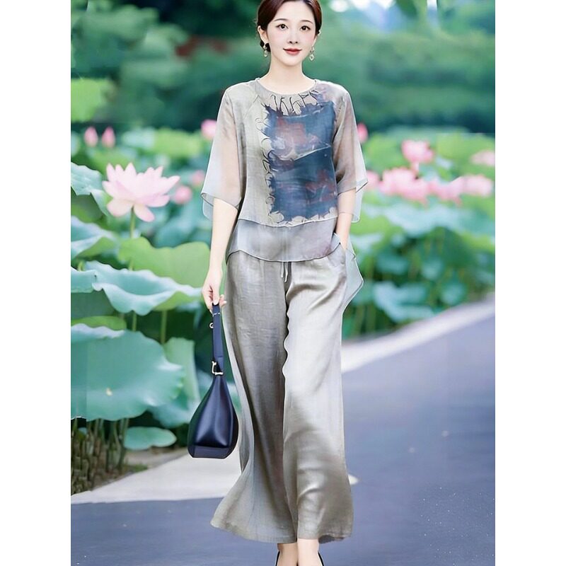 素雅订制女装旗舰店2026夏季新款印花文艺国风上衣九分阔腿裤套装