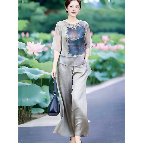 素雅订制女装旗舰店2026夏季新款印花文艺国风上衣九分阔腿裤套装
