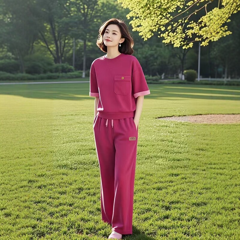 素雅订制女装原创品牌夏装搭配一整套圆领撞色玫红色显白显瘦套装