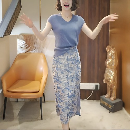 素雅订制轻奢女装套装裙女今年流行气质冰丝针织衫旗袍半身裙夏装