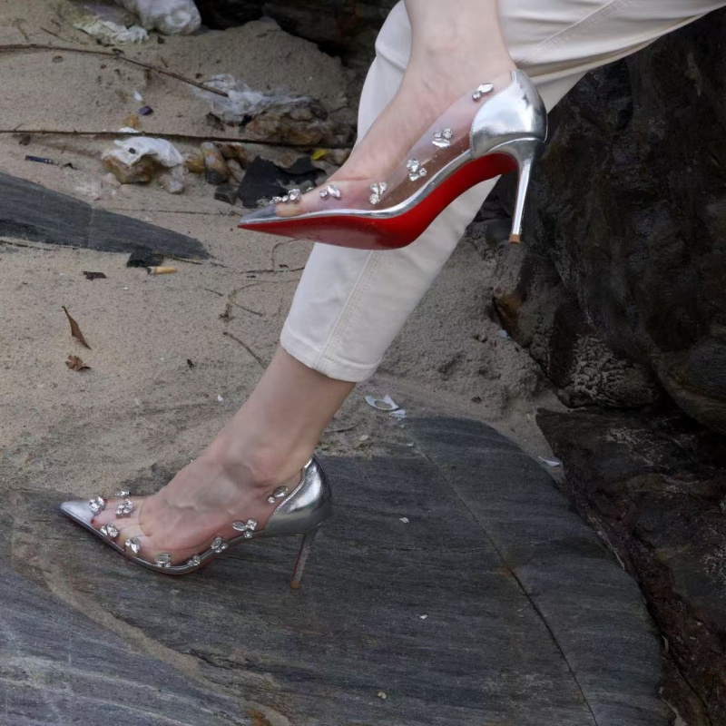 尖头透明PVC水钻银色单鞋女2025新款性感宴会水晶细跟高跟鞋婚鞋
