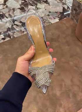 abcxx 凉鞋2025bulingbuling水钻高跟鞋细跟尖头气质透明水晶婚鞋